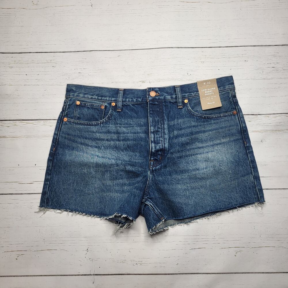 Madewell Low Slung Baggy Denim Jean Shorts Raw Hem Button Fly Dark Medium 30
